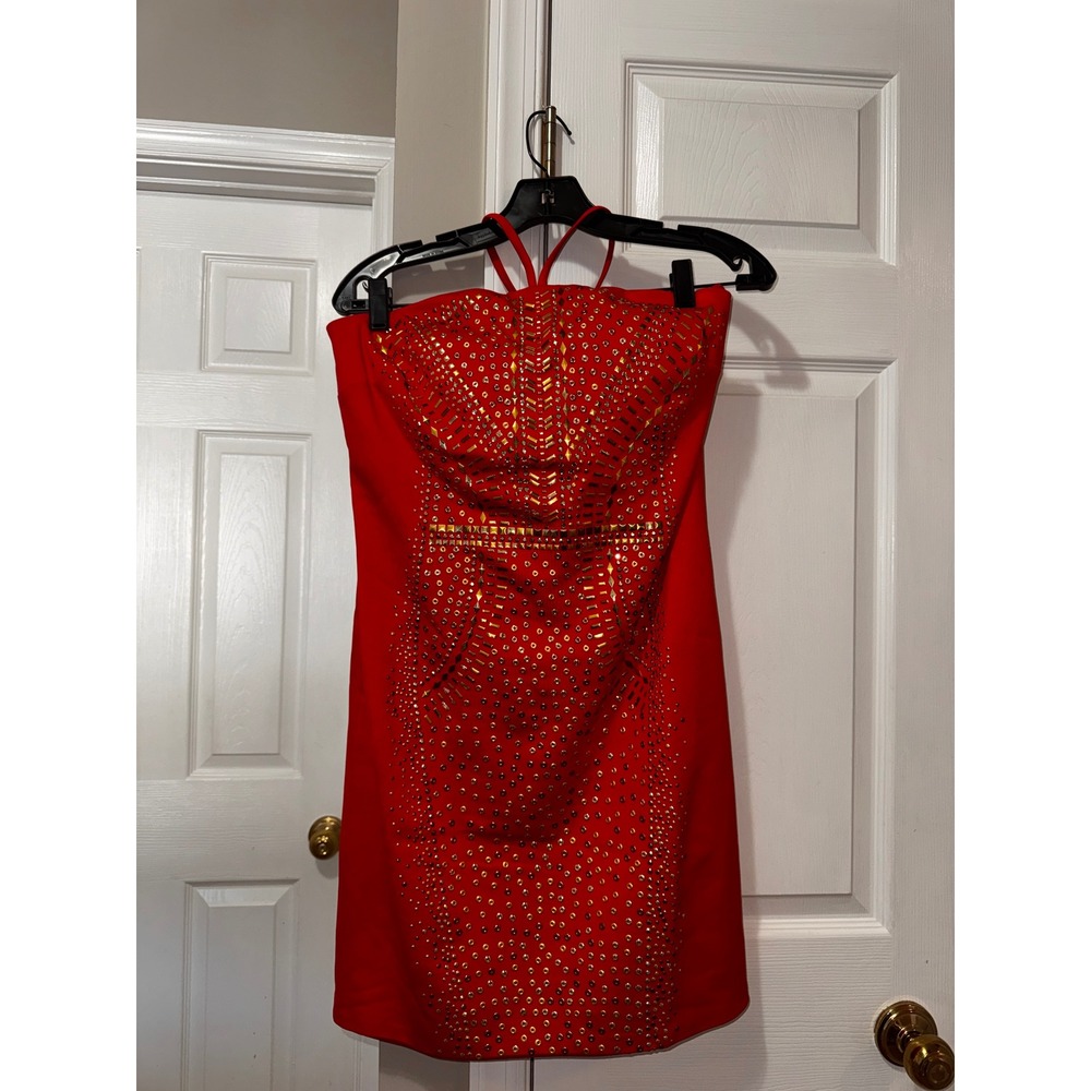 Cache Red Strapless Studded Embellished Bodycon Cocktail Dress Size 12 - Picture 4 of 8